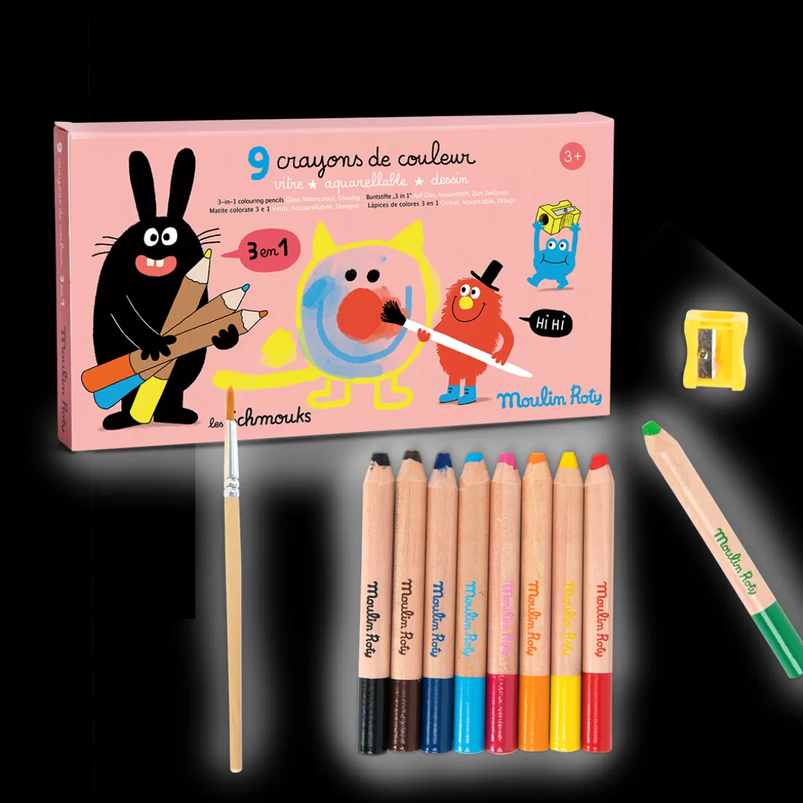 Moulin Roty 9 crayons de couleur 3 en 1 New