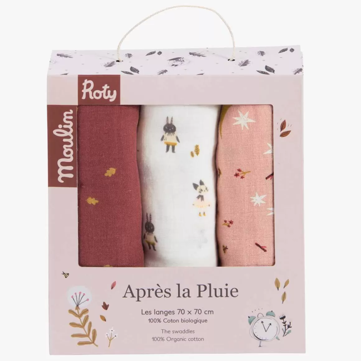 Moulin Roty Set de 3 langes imprimu00e9s (personnages/u00e9toiles/feuilles) New